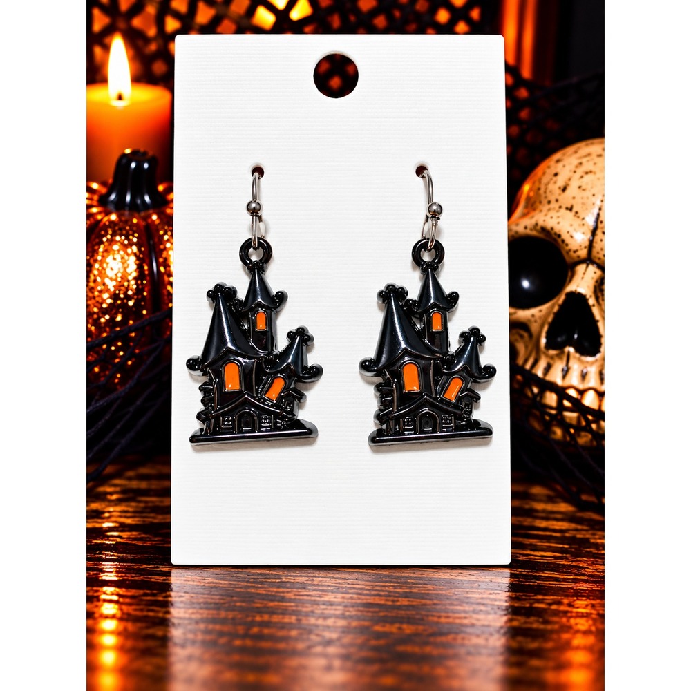 Handmade Haunted House Earrings Black Orange Halloween Spooky Dangles